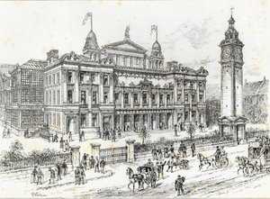 1891年6月27日の「イラストレイテッドロンドンニュース」から、イーストロンドンのマイルエンドロードの人民宮殿の完成した建物 作： Frank Watkins